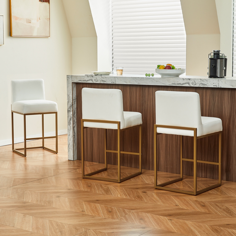 Lasigeli 26" Counter Height Bar Stools - Beige White & Gold Fabric Linen Bar Chairs for Kitchen Island