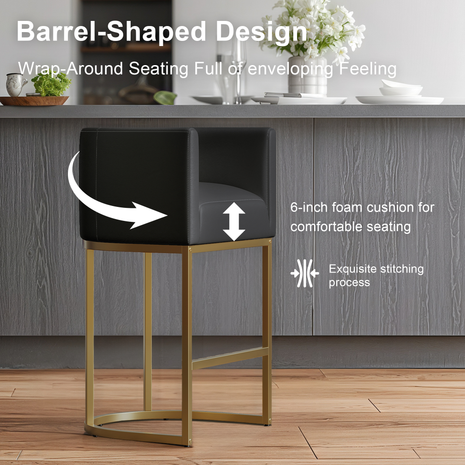 Lasigeli Bar Stools 26"Counter Height Bar Stools,Metal Gold Frames,Black Leather for Kitchen Island